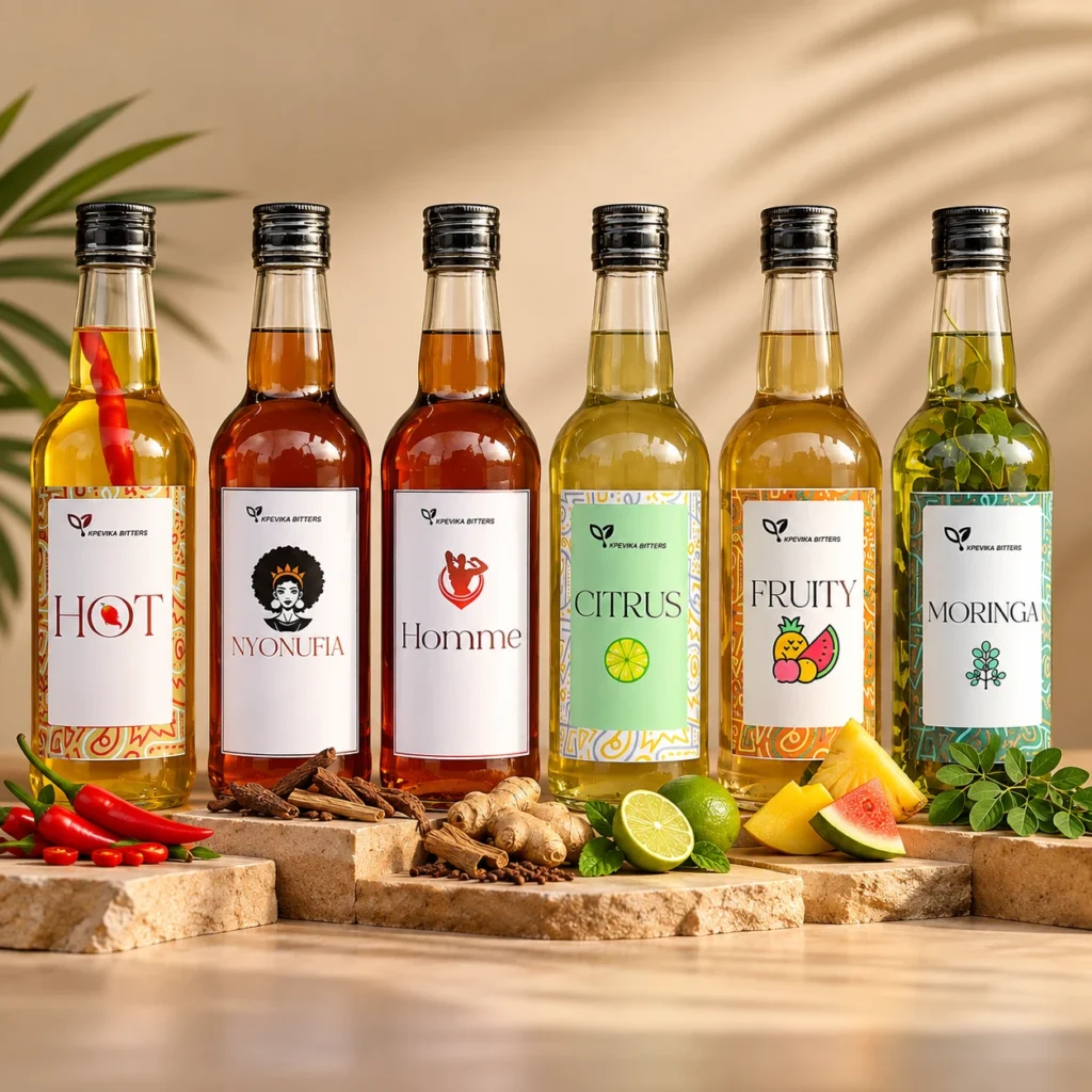 Gamme Kpevika Bitters — Hot, Nyonufia, Homme, Citrus, Fruity, Moringa